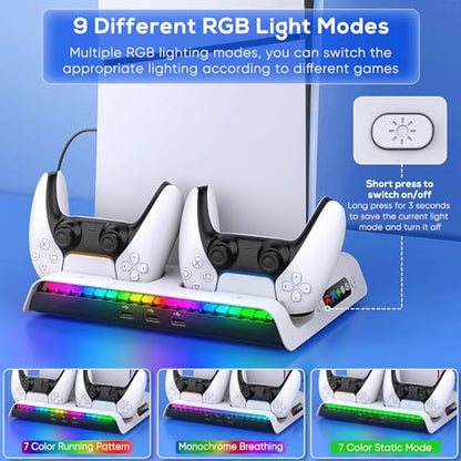FASTSNAIL Cooling Station with Controller Charger for PS5/Slim/Pro Console | Vertical Cooling Stand, Fast Charger 2 Controllers, 3 Efficient Fans, 9 RGB Light Modes, Headset Hook for PS5 Accessories Kit