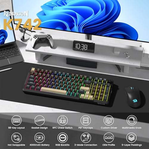 Redragon K742 Wireless Mechanical Gaming Keyboard with Knob, Bluetooth 5.0/2.4GHz/USB C Wired Creamy Keyboard with Number Pad for PC Computer, RGB Backlits, Hot-Swappable with Linear Switches (Brown) - color: Brown