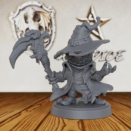 AUSPDICE TTRPG Minis for Fantasy Role Playing & Tabletop RPG Game - 28mm Scale Miniature Figure for Dungeon Masters & Miniature Game, Humanoid RPG Accessory - Pumpkin Demon (AS239) | Humanoid Pumpkin Demon with Witch Hat and Scythe for Fantasy Role Playin