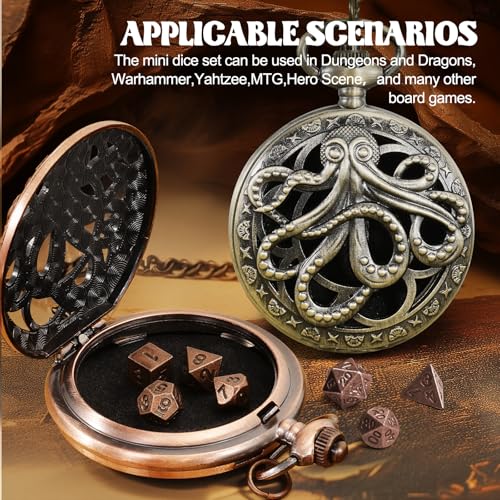 D&D Dice Set,7PCS Metal Dice for Dungeons and Dragons,Mini Dice Set with Pocket Watch Case,Role Playing Board Games Accessories (Octopus, Copper) - color: Copper, style: Octopus