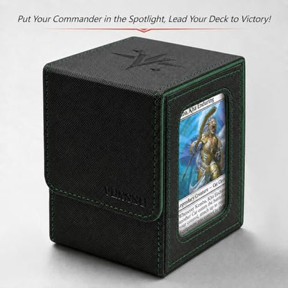 MTG Deck Box with Commander Display Window (Black&Green, 1 window) | Holds 120 Single/100 Double-Sleeved Cards, Fit MTG/PTCG/OPTCG Cards, Strong Magnet, PU Leather, With 2 Dividers & 1 Toploader - color: Black and Green
