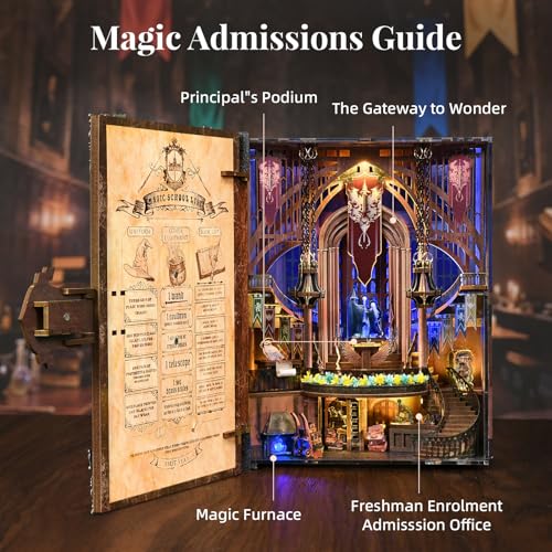 MiniCity Magic Admissions Book Nook Kit, Wooden Miniature House with LED | Open the book-style case to reveal a magic academy; 248-piece LED model includes dust cover, glue/tools and guide, ages 14+. - style: Magic Admissions Guide