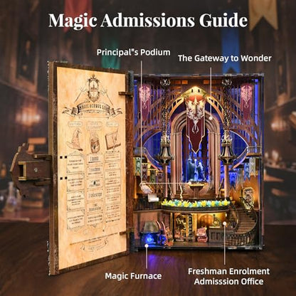 MiniCity Magic Admissions Book Nook Kit, Wooden Miniature House with LED | Open the book-style case to reveal a magic academy; 248-piece LED model includes dust cover, glue/tools and guide, ages 14+. - style: Magic Admissions Guide