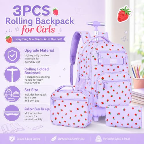 3Pcs Rolling Backpack for Girls Women, Travel Roller Backpacks with Wheels for Adults, Teens College Strawberry Wheeled Bookbag with Lunch Box (Purple) - color: Strawberry Purple