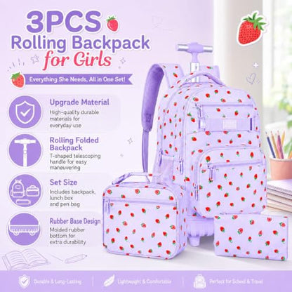 3Pcs Rolling Backpack for Girls Women, Travel Roller Backpacks with Wheels for Adults, Teens College Strawberry Wheeled Bookbag with Lunch Box (Purple) - color: Strawberry Purple