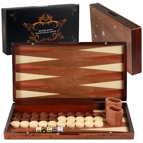 Handcrafted Wooden Backgammon Set - 16x15.3inch, Oversized Pieces, Intricate Carvings, Premium Travel Game Board for Adults & Kids (Star) - style: Upgraded Star 39x40CM