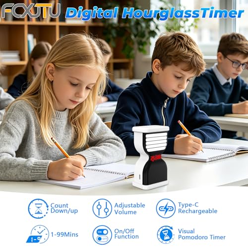 Digital Hourglass Timer, Sand Timer Rechargeable Visual Pomodoro Timers with On/Off Alarm Volume & LED Display, Desk Flip Timer for Study,Work, Kitchen (White) - color: White
