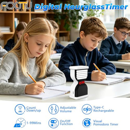 Digital Hourglass Timer, Sand Timer Rechargeable Visual Pomodoro Timers with On/Off Alarm Volume & LED Display, Desk Flip Timer for Study,Work, Kitchen (White) - color: White