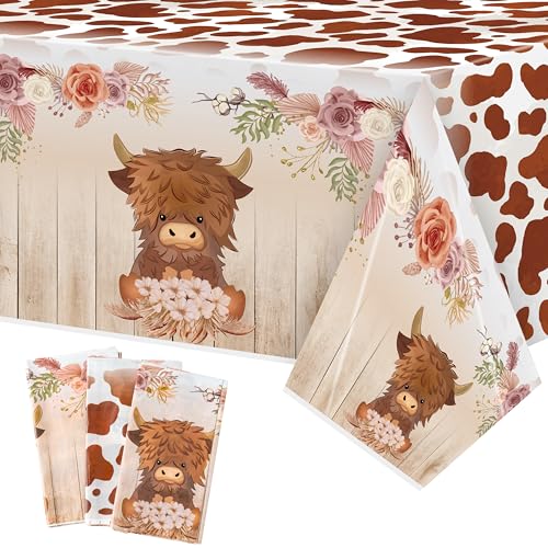 Highland Cow Party Tablecloths, Disposable Birthday Table Cover | Plastic Rectangular Highland Cattle Table Cloth, Cow Print Party Decorations, Ideal for Kids Birthday Baby Shower, 3 Pack - color: Highland Cow