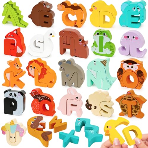 52 Pcs Wooden Alphabet Matching Game, ABC Animal Letter Puzzle Blocks with Storage Bags, Montessori Preschool Color Sorting & Fine Motor Learning Toy, Educational Gift for Toddler Kids Ages 3-5