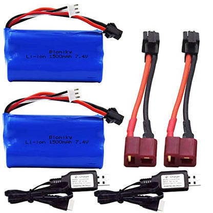 Blomiky 2 Pack 7.4V 1500mAh Li-ion Rechargeable Battery SM-2P Plug with T Adapter and USB Cable Suitable for H101 H103 H105 RC Boat RC Trucks / H101 Battery & T 2