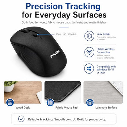 PHILIPS Bluetooth Wireless Mouse, Wireless Mouse for Laptop, Silent Click | Ergonomic Grip, 3-Level DPI, Bluetooth&2.4G Dual Mode, USB Nano Receiver, for Office, Home, Windows, macOS Compatible