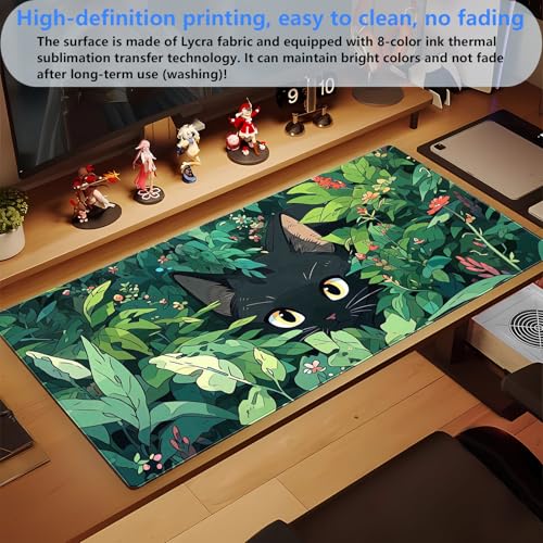 Cute Black Cat Desk Mat, Anime Green XXL Large Gaming Mouse Pad | Kawaii botanical black cat desk pad with soft 3mm cushion, smooth cloth top, and steady non-slip rubber core. - color: Black Cat