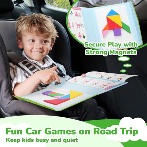 BenBen Travel Tangram Puzzle with 2 Sets Magnetic Wooden Shapes for Kids | Extra Large Dual-Sided Magnet Surface, Color Pattern IQ Book, Road Trip Car Plane Game, Educational STEM Toys for Kids Adults - style: 14 Pieces Blocks
