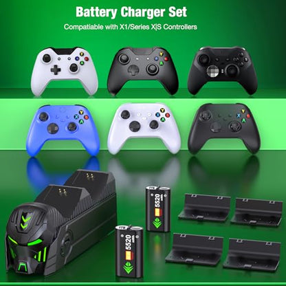 Charger Station Compatible with Xbox Controllers, 2x5520mWh Rechargeable Battery Pack for Xbox One/ Series X|S Controllers with Dual Charging Dock and 4 Covers for Xbox One Games