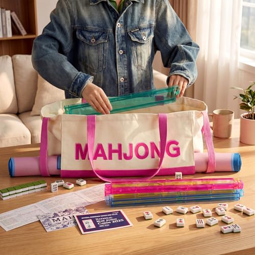 Abbylike 28x9 Inches Mahjong Bag for Rolled Mat Tiles Racks Pushers Accessories Empty Mahjong Tote Bag with Zipper Closure Outer Pockets Lining Large Capacity(Beige&hot Pink,Canvas) - color: Beige&hot Pink