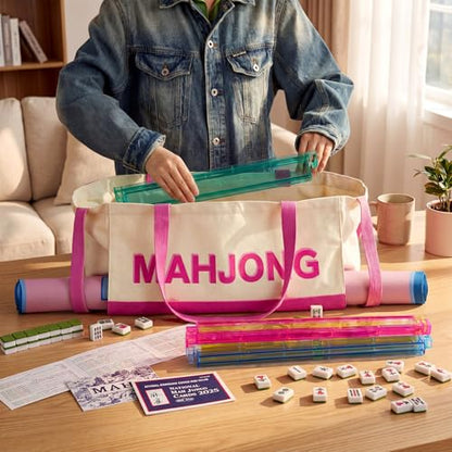 Abbylike 28x9 Inches Mahjong Bag for Rolled Mat Tiles Racks Pushers Accessories Empty Mahjong Tote Bag with Zipper Closure Outer Pockets Lining Large Capacity(Beige&hot Pink,Canvas) - color: Beige&hot Pink