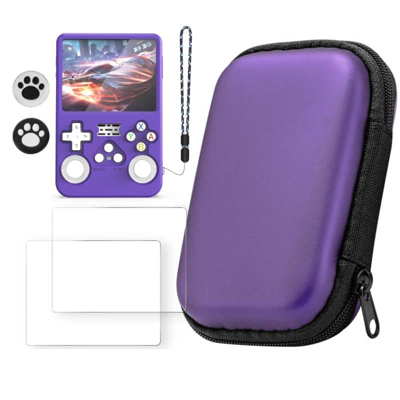 Carrying Case for R36S with 2 Tempered Glass Protective Film + Silicone Protective Cover + 2 Keycaps, Full Body Protection Shockproof EVA Handheld Game Console Case Travel Storage Bag (Purple) - color: Purple