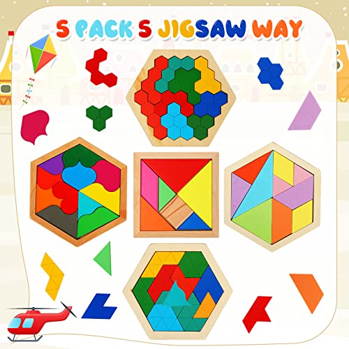 Jerify 5 Pack Wooden Tangram Puzzle for Kids, Brain Teaser Puzzles | Wooden Hexagon Puzzle Block Teaser, Pattern Blocks, Tangram Puzzle, Geometric Shapes Tangram Games, Boys Girls Toddler 1-3 - style: Geometry