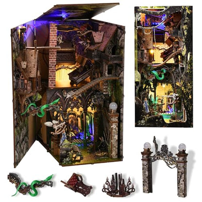 MiniCity Down the Rabbit Hole Book Nook Kit, DIY 3D Wooden Puzzle with LED | 7.1 x 4.3 x 9.1 in; 400 pieces, LED and dust cover; glue/tools and guide included; 8-10 hr DIY build for display, ages 14+. - style: Down The Rabbit-Hole Alice in Wonderland