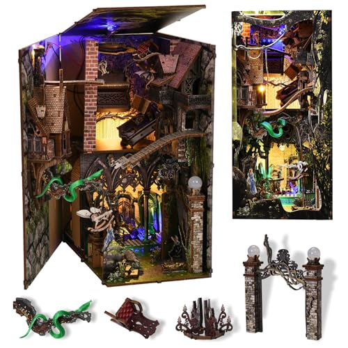 MiniCity Down the Rabbit Hole Book Nook Kit, DIY 3D Wooden Puzzle with LED | 7.1 x 4.3 x 9.1 in; 400 pieces, LED and dust cover; glue/tools and guide included; 8-10 hr DIY build for display, ages 14+. - style: Down The Rabbit-Hole Alice in Wonderland