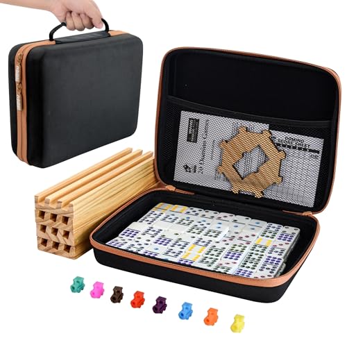 Bucher&Rossini Dominoes Set Double 12 with 4 Racks for Adults Kids, Mexican Train Domino Set Double Twelve, Mexican Train Dominos (Double 12 Dots) - color: Double 12 + Hard Case + Racks