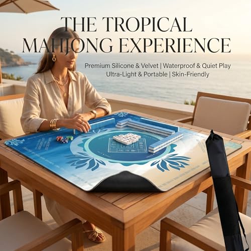 Mahjong Mat 2025 Upgraded No-Crease & No Odor Design, 32.3 Inch with Waterproof Velvet, Non-Slip PU Silicone, Lightweight for Noise Reduction, Includes Printed Rules for Tiles and Cards (Ocean) - color: Ocean