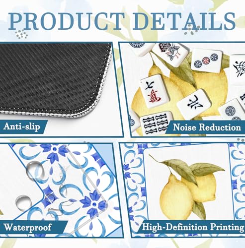 Boho Blue Summer Italian Lemon Mahjong Mat 31.5x31.5 Inch, Mediterranean Tiles Non-Slip and Noise Reduction Mah Jong Table Mat Cover Gifts for Mahjong Lovers Poker Board Games Dominoes - color: Summer Italian Lemon