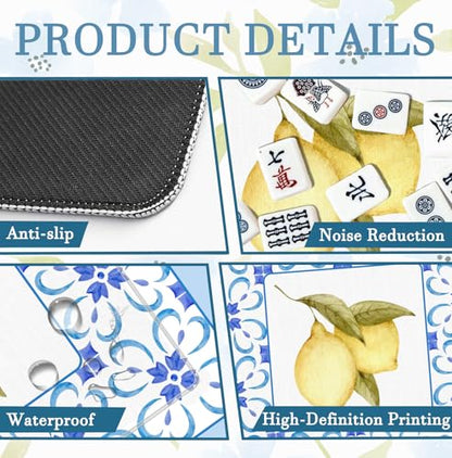 Boho Blue Summer Italian Lemon Mahjong Mat 31.5x31.5 Inch, Mediterranean Tiles Non-Slip and Noise Reduction Mah Jong Table Mat Cover Gifts for Mahjong Lovers Poker Board Games Dominoes - color: Summer Italian Lemon
