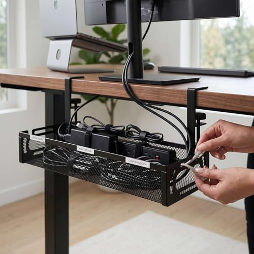 AUNMAS Under Desk Cable Management Tray Cord Organizer with Clamp for Home Office Standing Desk No Tools Needed Adjustable Mount Carbon Steel Mesh (L Black)
