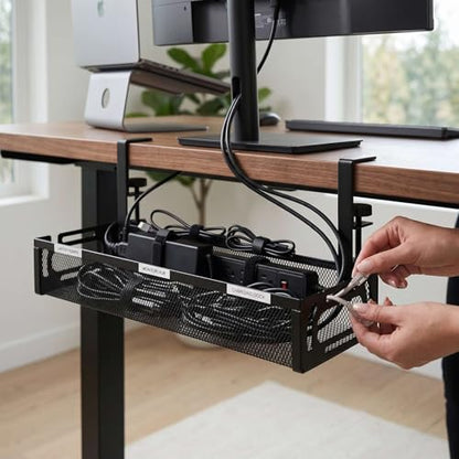 AUNMAS Under Desk Cable Management Tray Cord Organizer with Clamp for Home Office Standing Desk No Tools Needed Adjustable Mount Carbon Steel Mesh (L Black)
