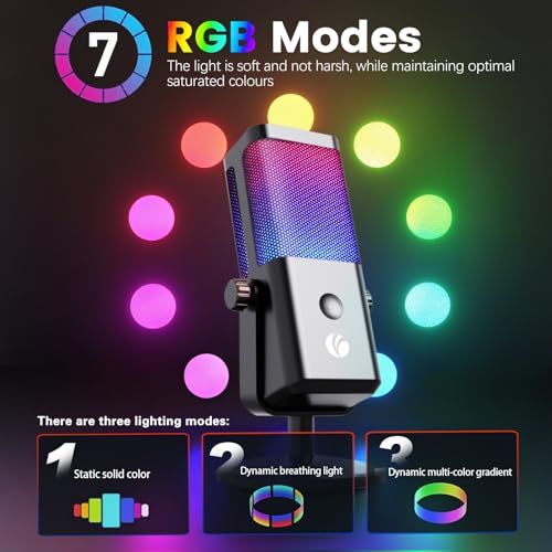 VCOM USB Microphone for PC, RGB Gaming Microphone with Mute Button, Gain Control, Monitoring Headphone 3.5mm Jack, PC Mic for Gaming, Streaming, Podcast, VoiceOver, Recording