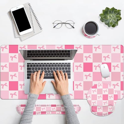 Arttown Keyboard Mouse Pad Set, 4 in 1 Desk Mat Set Kawaii Cute | Pink Checkered Bow Large Mousepad+Keyboard Wrist Rest+Mouse Wrist Rest+Coaster Ergonomic Design for Home Office Computer - color: Pink bow lattice
