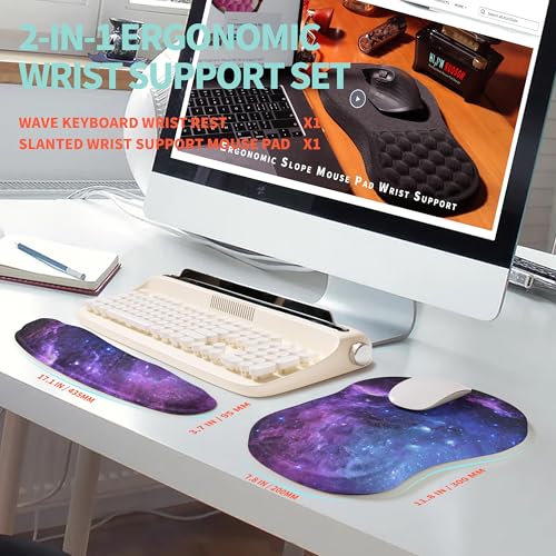 2-in-1 Ergonomic Set, Wave Rise Keyboard Wrist Rest and Massage Bulge Slope Mouse Pad Wrist Support, Cushion Memory Foam Integrated to Relieve Wrist Pain, Galaxy - color: Galaxy
