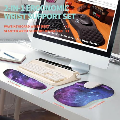 2-in-1 Ergonomic Set, Wave Rise Keyboard Wrist Rest and Massage Bulge Slope Mouse Pad Wrist Support, Cushion Memory Foam Integrated to Relieve Wrist Pain, Galaxy - color: Galaxy