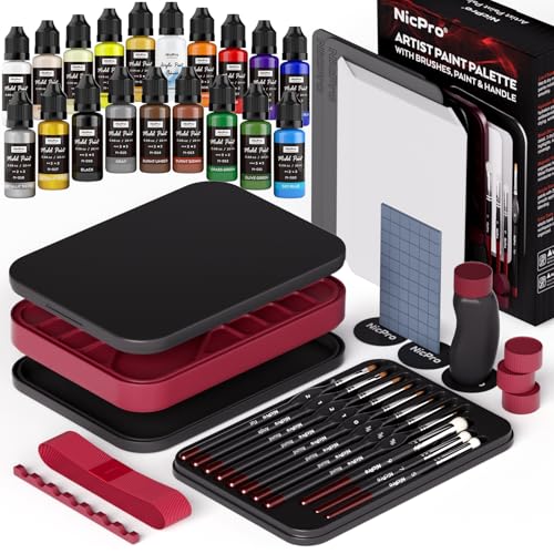 Nicpro All-in-One Miniature Painting Kit with 18 Model Paints & Wet Palette | 18 Colors Model Paint, Stay Wet Palette, 11PCS Detail Paint Brushes Drybrush, Magnetic Painting Handle, Sponges, Pallet Paper - color: 18 Model Paint + Wet Palette