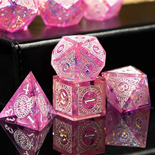 Cusdie 7-Piece Polyhedral DND Dice Set with Sharp Edges, Handcrafted Dice Featuring Rune-Inspired Designs for Role Playing Games (Pink) - color: Pink Pattern-pink White