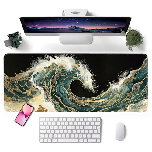 Mouse Pad, Desk Mat, 31.5x11.8in Large Mousepad, Blue Gold Waves | Desk Pad with Stitched Edge & Rubber Non-Slip Bottom, Gaming Mouse Pad, Extended Mousepad for Home, Office - color: Blue Gold Waves