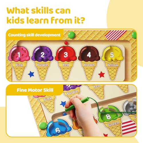 zhiwuzhu Magnetic Color and Number Maze，Wooden Matching Learning Counting Board for Toddler Ages 2-4，Preschool Learning Activities Toys，Toddler Fine Motor Skills Toys for Boys Girls - style: Ice Cream