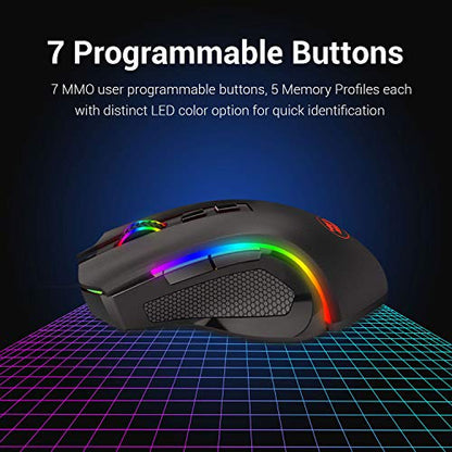 Redragon M602 Griffin RGB Gaming Mouse, Tri-Mode 2.4G/USB-C/Bluetooth Mouse Gaming, RGB Spectrum Backlit Ergonomic Mouse with 7 Programmable Backlight Modes up to 8000 DPI for Win PC Gamers (Wireless) - color: Black