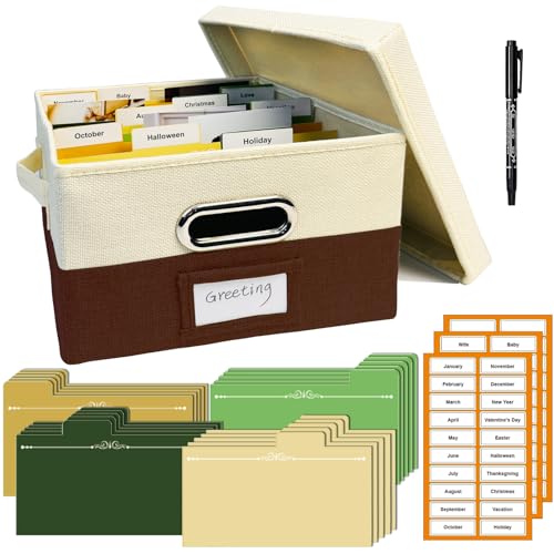 Greeting Card Organizer Box, Card Storage Box with 20 Removable Dividers & 84 Labels, Foldable Storage Box with Lids for Photos, Postcards, Graduation Card, Birthday Cards Holder Sewing(Beige & Brown) - color: Beige&Brown