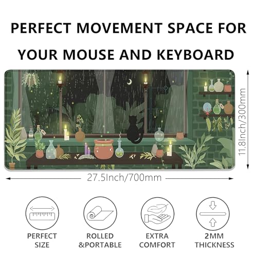 Black Cat Mouse Pad Green Plants Desk Mat Pad Anime Large Gaming Cartoon Cute Mouse Pad,Stitched Edges Non-Slip Waterproof Rubber Base Mous Mat for Office Home Work Gaming(27.5X11.8 in) - color: Candlelight Windowsill-cat
