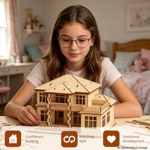 3D Wooden Puzzle for Adults, Villa Model Kit, DIY Building Puzzle | Miniature building kit, home office decor, stress relief craft, screen-free hobby, gift for friends/teens/DIY lovers - style: Two Layers