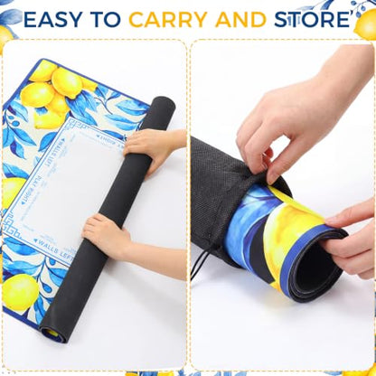 Blue and Yellow Summer Mahjong Mat with Rules 31.5" x 31.5" Non-Slip Noise Reduction Gaming Mat with Carrying Bag American Mahjong Table Cover for Poker Board Card Games Dominoes - style: Blue Willow Lemon