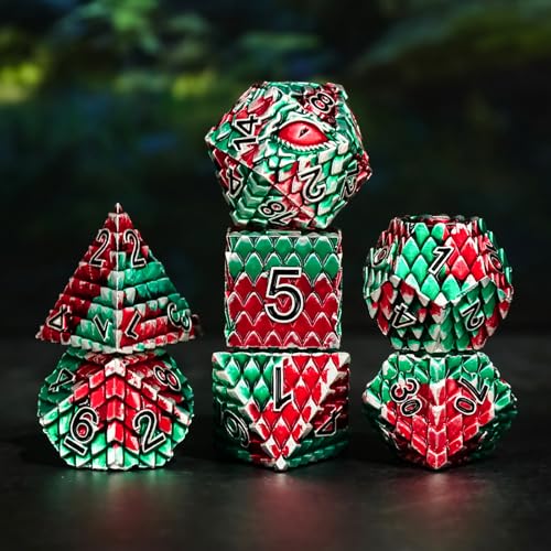 Dragon Eye Metal Dice Set - 7 Pcs Dragon Scale Metallic D&D Dice, Gift Box for Dungeons and Dragons Tabletop Game (Red, Green Dragon Scale & Red Eye) - color: Red Green Dragon Scale & Red Eye