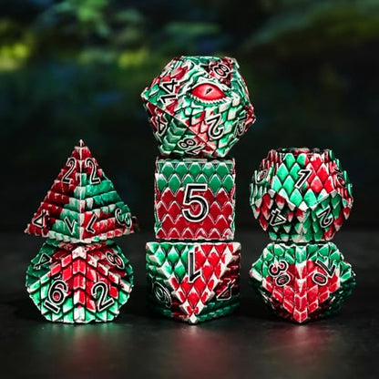 Dragon Eye Metal Dice Set - 7 Pcs Dragon Scale Metallic D&D Dice, Gift Box for Dungeons and Dragons Tabletop Game (Red, Green Dragon Scale & Red Eye) - color: Red Green Dragon Scale & Red Eye