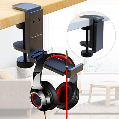 2Pack Upgrade Foldable Headphone Stand Under Desk PC Gaming Headset Hanger Holder Hook Clamp with Built in Cable Clip Organizer Space Save Mount Fold Upward Not in Use, Universal Fit, Black - color: Premium Black-Two Pack