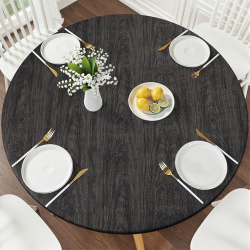 Smiry Round Picnic Tablecloth, Waterproof Elastic Fitted Table Covers for 36" - 44" Tables, Wipeable Flannel Backed Vinyl Tablecloths for Camping, Indoor, Outdoor, Black - color: Black, size: For Up to 36"-44" Round