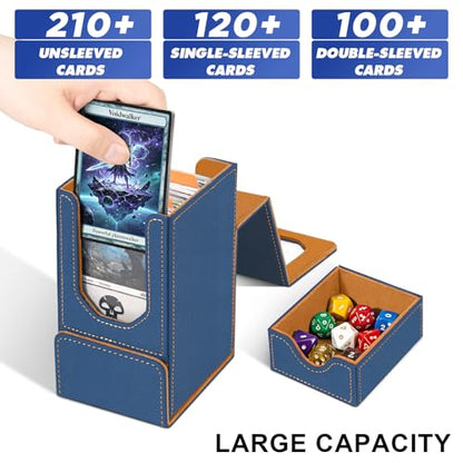 Card Deck Box for MTG Commander, Fits 100+ Double-Sleeved Cards Card Case | with Detachable Dice Tray, 2 Dividers, Removable lid, Trading Card Storage Box, Sturdy and Durable, Fits TCG/PTCG/Sports Card - color: Gray Blue and Brown