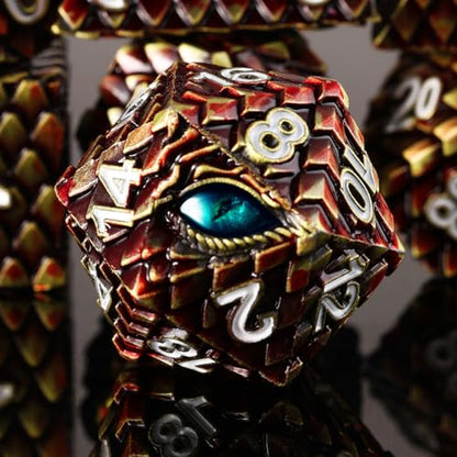 Metal Dice Set D&D,7 PCS Dragon Scale Metallic DND Dice Set,Dragon Eye Metal Dice with Grogeous Gift Case for Dungeons and Dragon Tabletop Game (Reddish Brown Dragon Scale & Cyan Eye) - color: Reddish Brown Dragon Scale & Cyan Eye